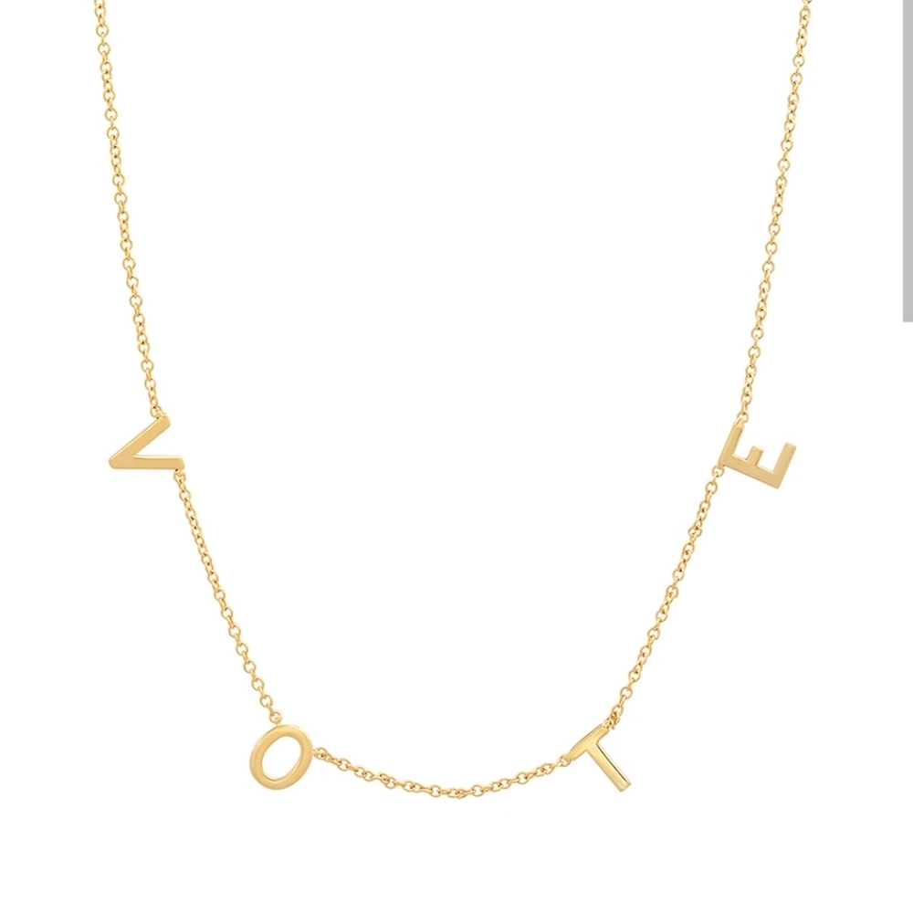 BYCHARI Vote Necklace 14K Yellow Gold Small Letters 16" Chain w/ 14" Option